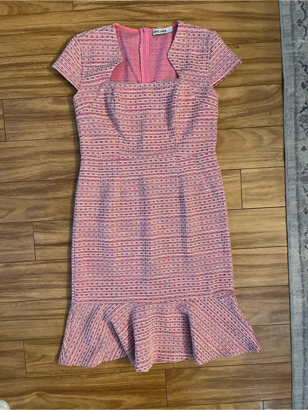Grace Karin Pink Square-Neck Midi Tweed Dress with Flounce Hem - Picture 2 of 4
